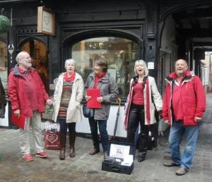 Singing in Shrewsbury as part of 'The Big Busk', 2014.